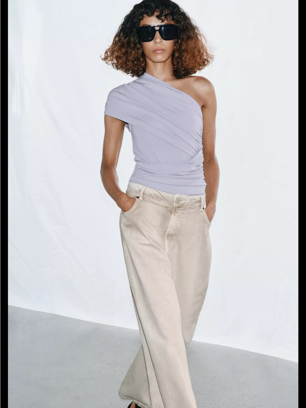 Zara One-Shoulder Draped pearl grey bodysuit